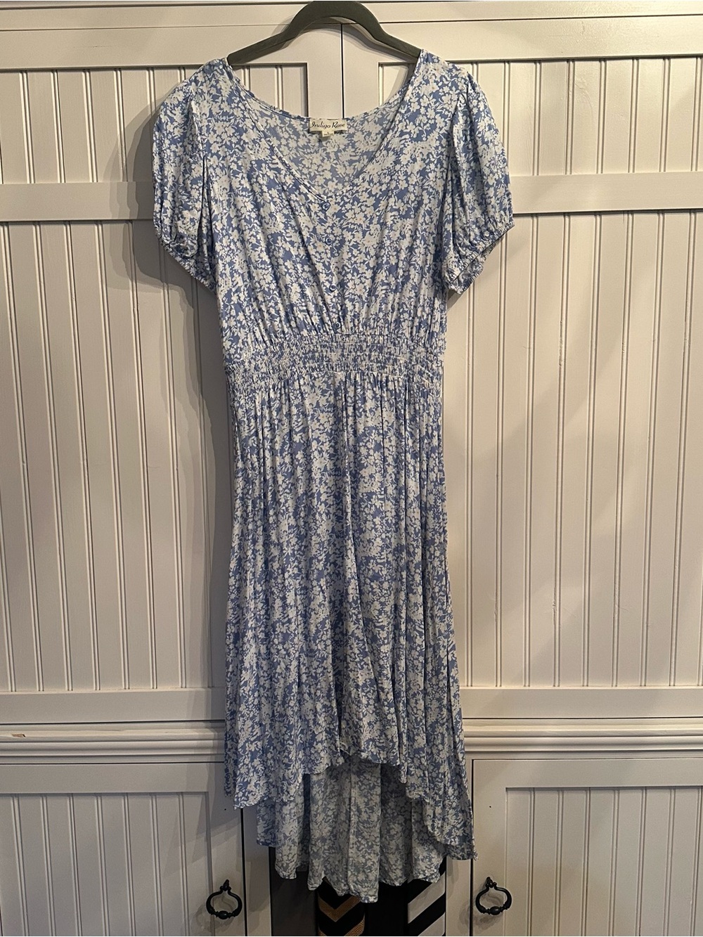Indigo Rose Blue Floral High-Low Midi Dress with Gathered Waist Size L